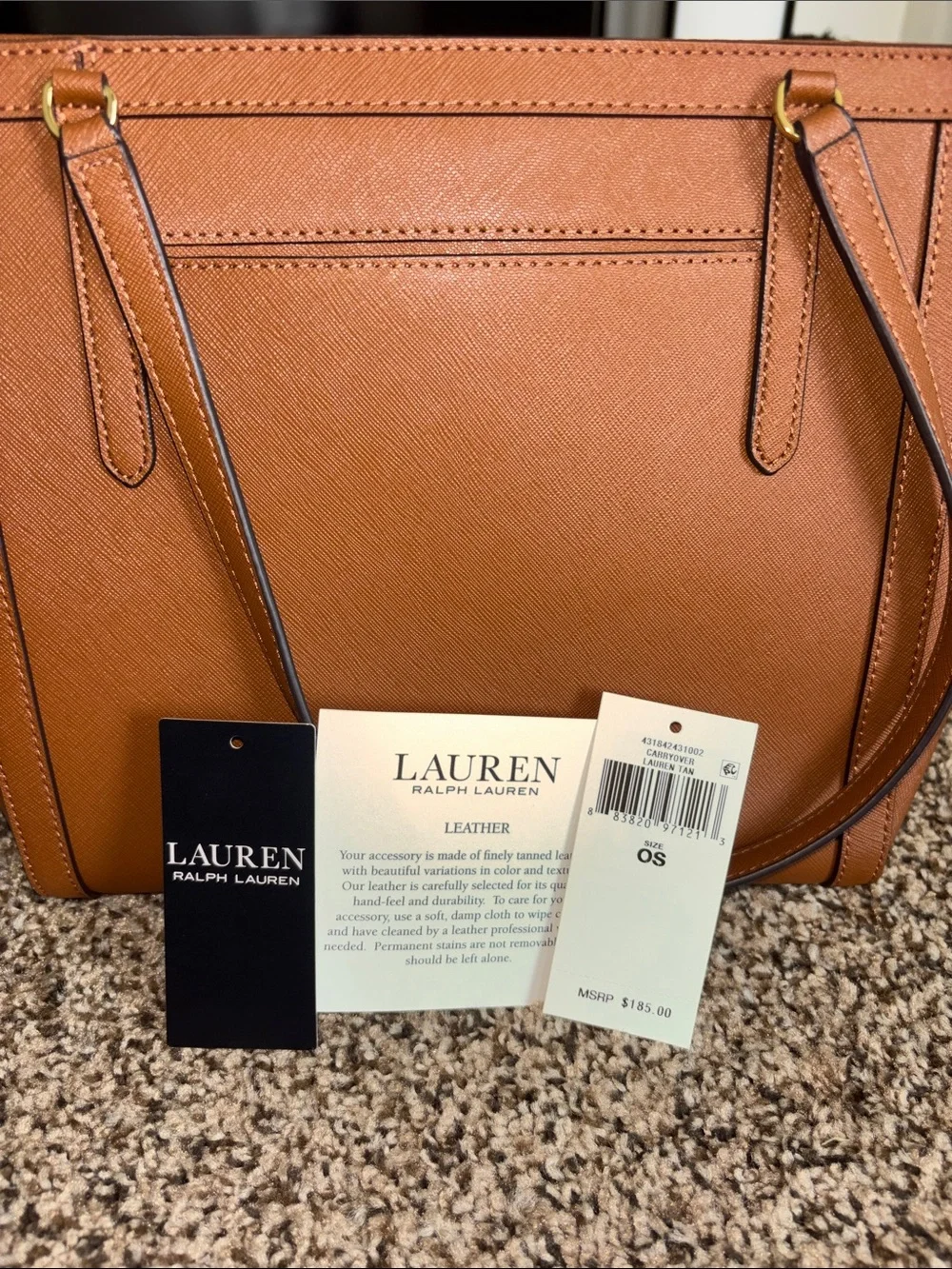 Ralph Lauren Cognac Brown Leather Tote with Gold RL Accent —-LIKE NEW—